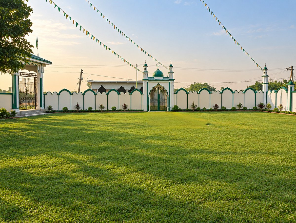 The green grounds of the madarsa, with the white and green boundary wall and the main gate topped with a small dome