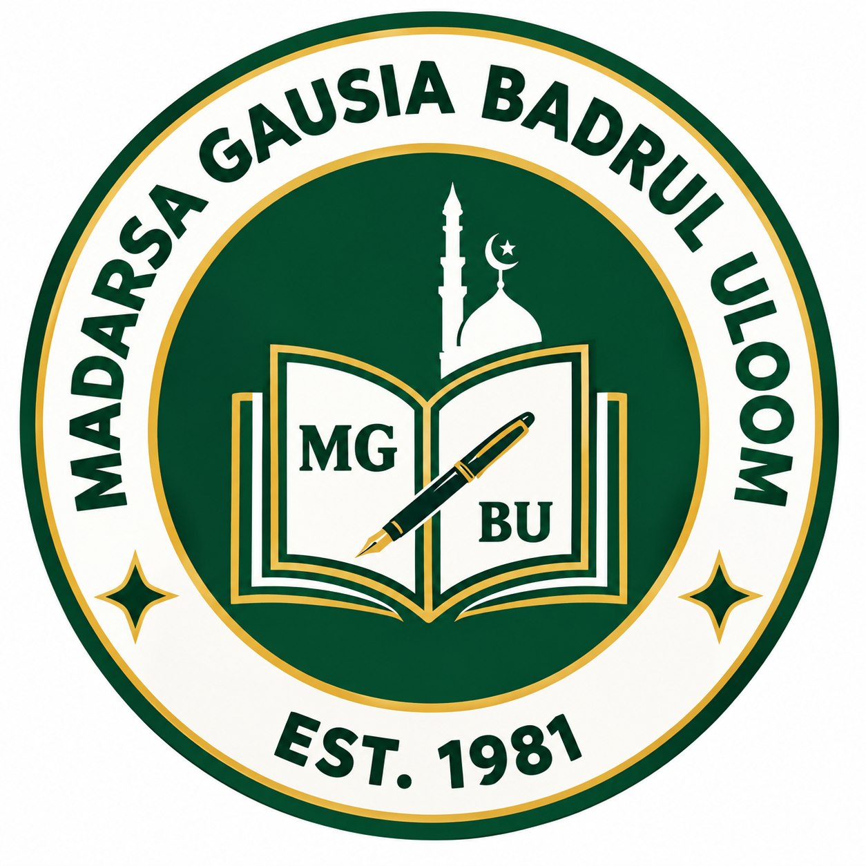 The original logo of Madarsa Gausia Badrul Uloom — minaret, dome, open book with MGBU and a fountain pen